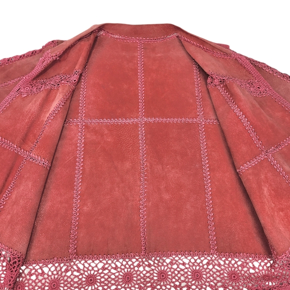 Vintage Suede Crochet Patchwork Jacket XL Boho Western Pink Coral Button Front - Picture 5 of 16